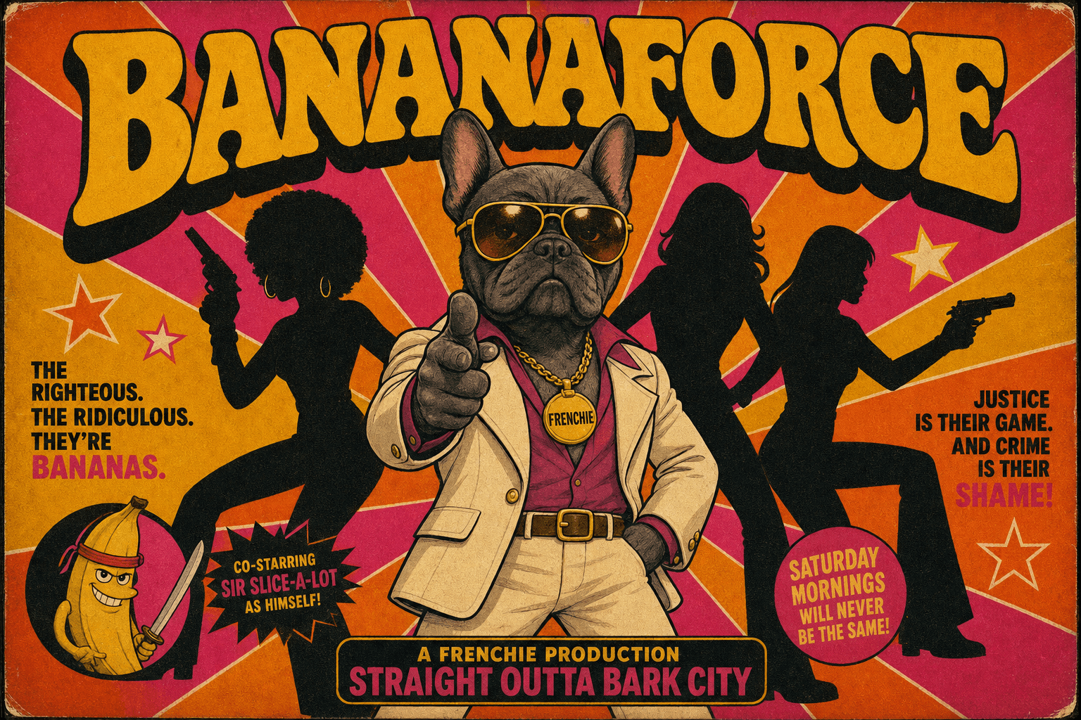 Frenchie, camp 70s bulldog boss of BananaFORCE, Charlie's Angels pose