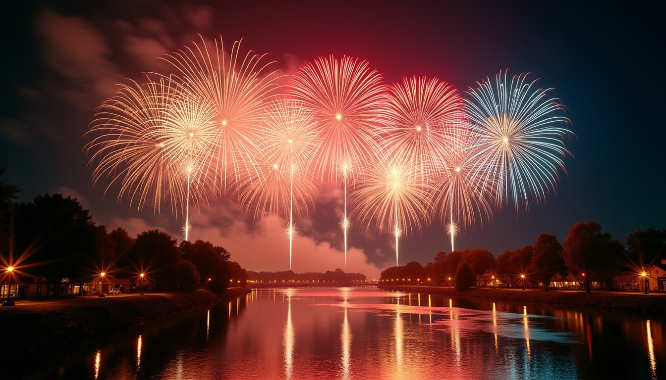Fireworks over a river town at night